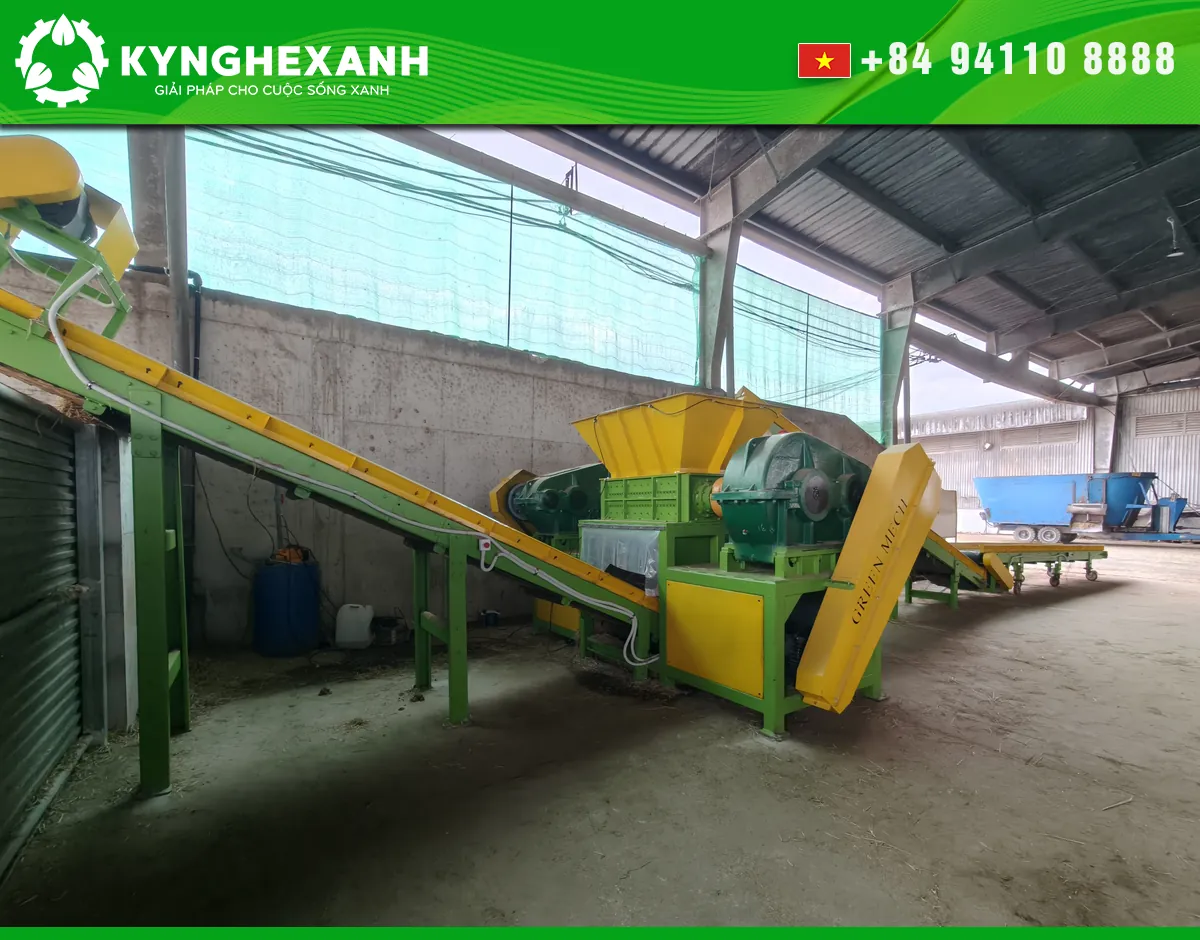 GREEN MECH two-shaft straw-processing equipment inside the facility