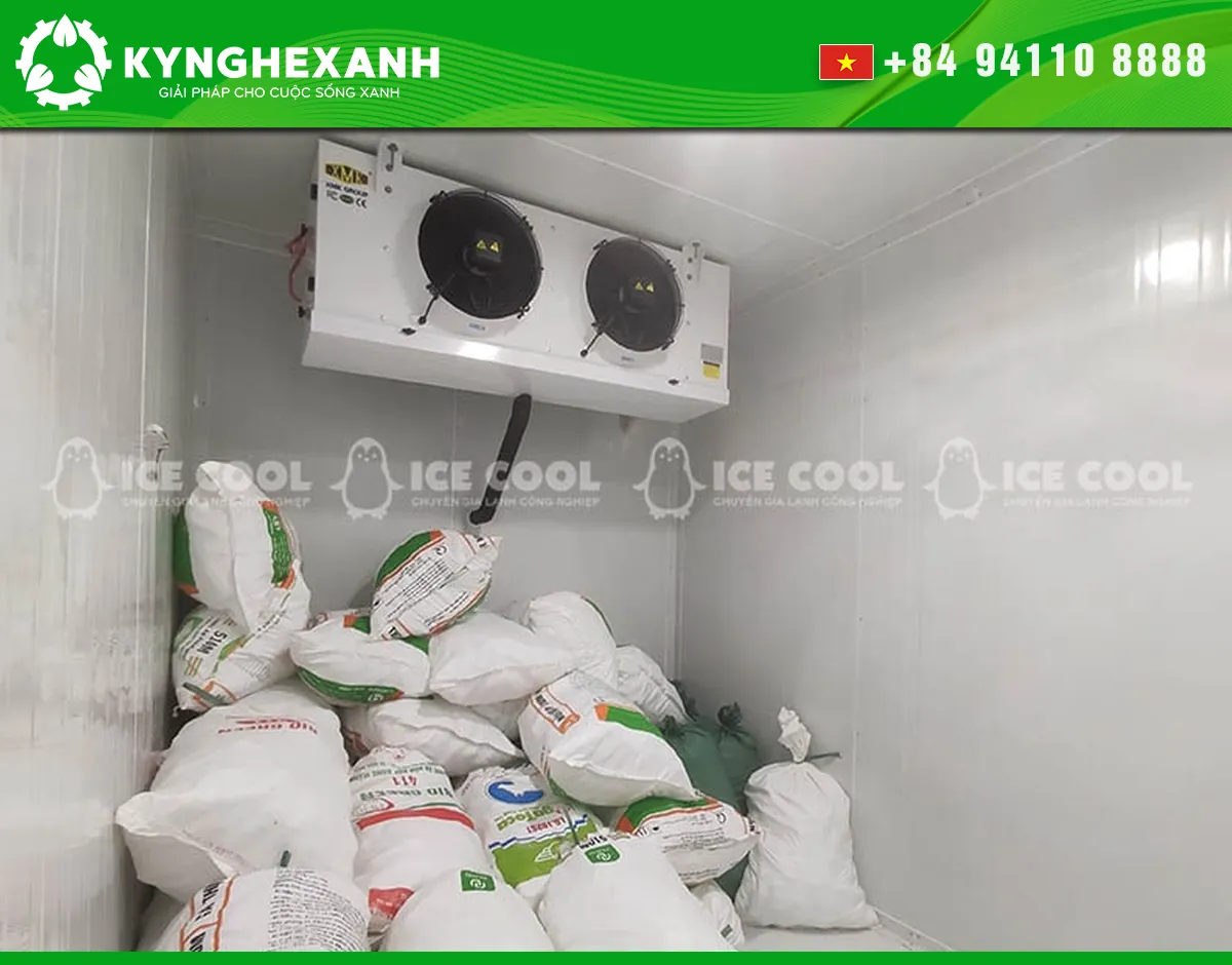Bagged ice stored inside a cold room.